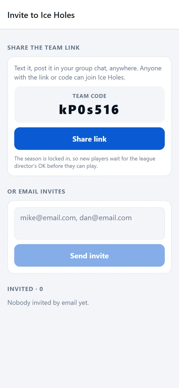 Inviting players with a team link, code or email