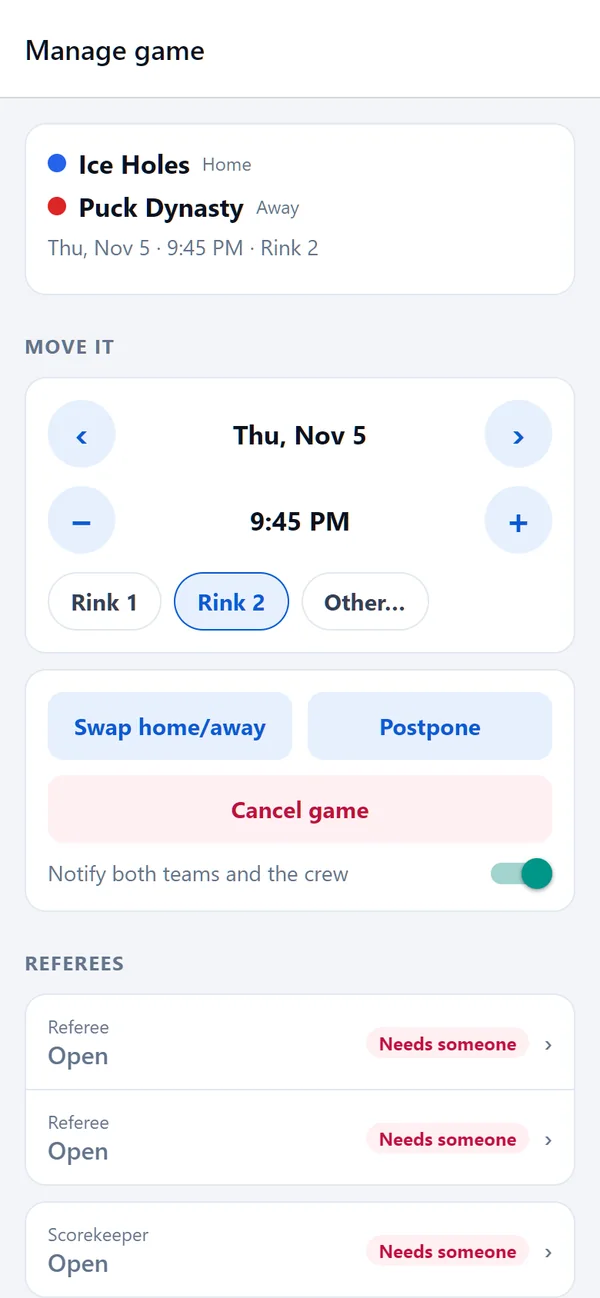 Managing a game: move it, postpone, cancel, and fill the crew