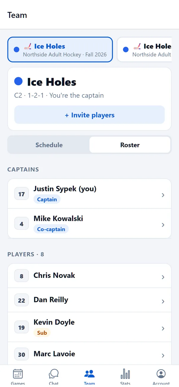 A team roster with captains and players