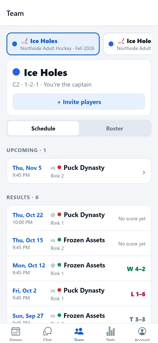The team schedule