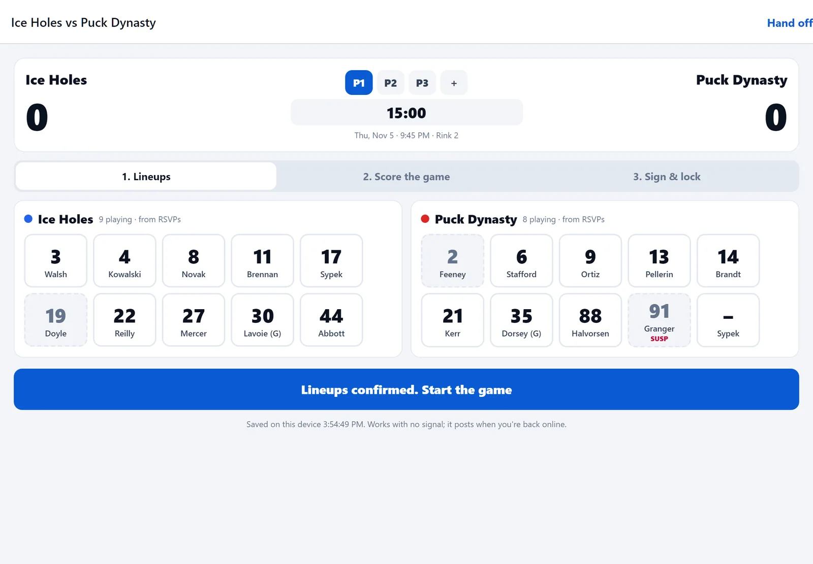 The iPad scoresheet with both benches